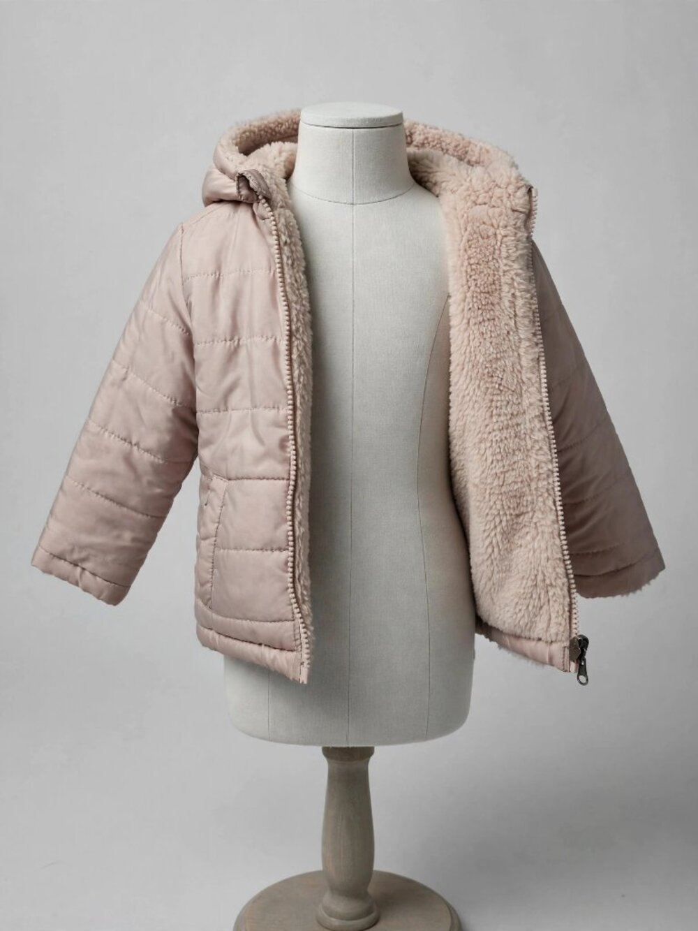 Reversible Toddler Puffer Jacket Taupe Sherpa Hooded Size 2